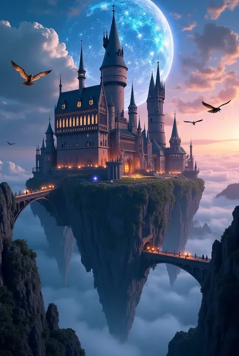 A magnificent and ancient magical academy built atop a floating island, surrounded by swirling mist and glowing arcane symbols in the sky. The grand castle-like structure is adorned with towering spires, intricate gothic-style architecture, and massive sta...