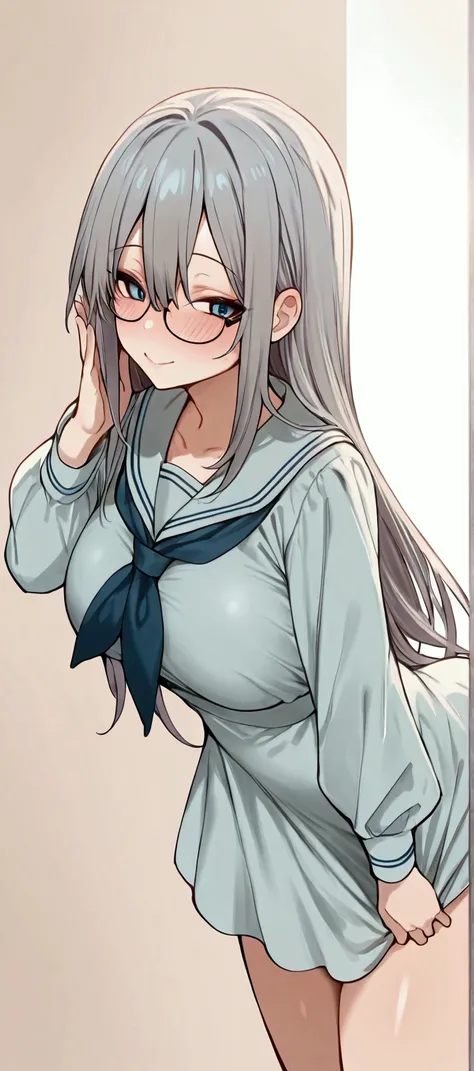 masterpiece, 1 girl, solo, tall,, grey hair , long Bang cover left eyes, glasses, around perfect buttocks,saggy Big breast, small waist, blue eyes,thicc legs, long hair,, blush,, around hips, thicc legs, Big saggy breast,dress, happy face,, extender hand,s...