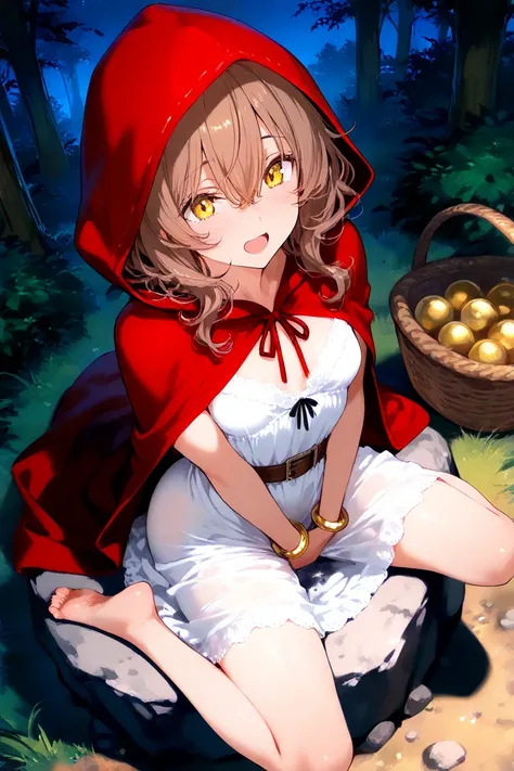 in the middle of the forest, night, \(1girl, solo, petite body, small breasts, long brown hair, wavy hair, hair between the eyes, messy hair, white nightgown, red hooded cape, sharp eyes, bangles, belt, yellow eyes, barefoot\), \ ((dynamic pose: 1.3)), bas...