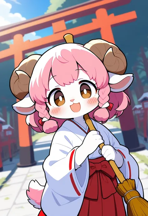 1girl, (furry, kemono:1.4), sheep girl, animal nose, sheep ears, sheep horn, solo, pink hair, miko, japanese clothes, solo, brown eyes, hakama, torii, red hakama, smile, braid, short hair, wide sleeves, broom, skirt, open mouth, white kimono, holding, haka...