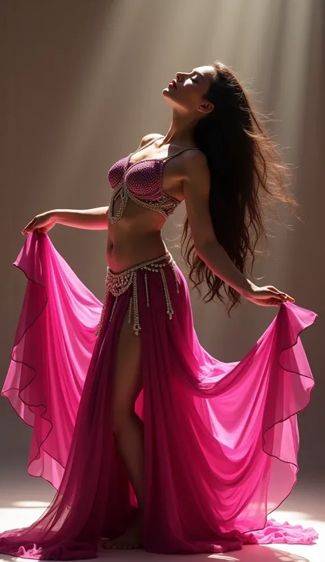 The image features a beautiful belly dancer in a dramatic and expressive pose. Her body is elegantly arched, with one arm extended toward the sky and the other gracefully lowered as she holds the skirt of her outfit. Her head is tilted back, with her eyes ...