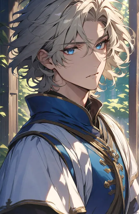  Masterpiece, excellent, solo, very handsome, tall, young man, messy hair, shiny platinum blonde, short hair with bangs, beautiful blue eyes, very handsome, sad face, gazing into the distance, medieval European aristocrat, lightly decorated fantasy costume...