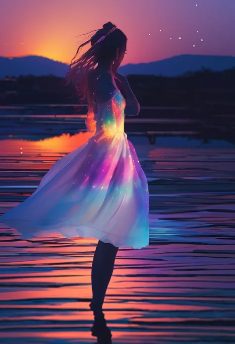  Masterpiece,  original,  from behind,  full body, バレリーナの silhouette,  ballet pose , Aim for the stars, Starlight reflecting at your feet, Salt Flats Environment,  princess,  sundress,  porcelain-like skin, Long Floating Hair , Shiny rainbow hair, Race Tra...