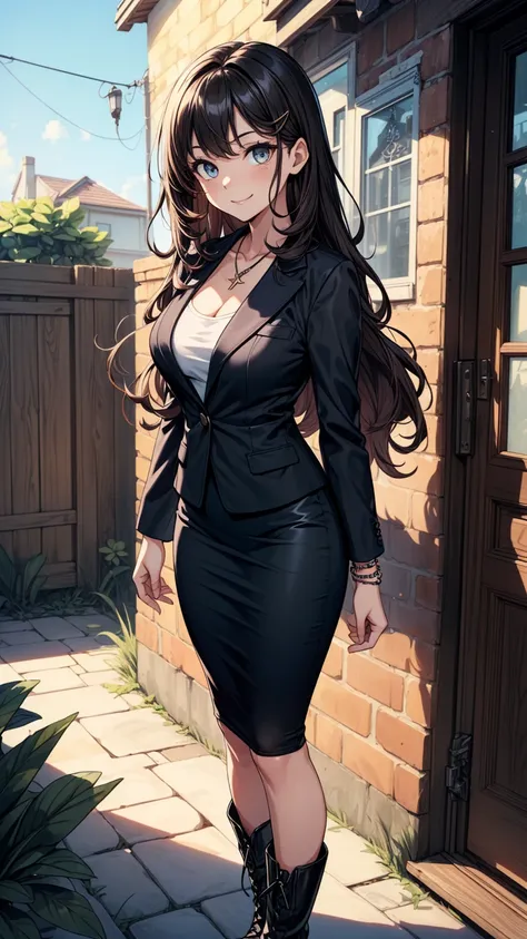 ((masterpiece, best quality:1.3, high detail)), beautiful woman, smile, long wavy hair, (dark hair), hairpin, bright eyes, (black blazer), (black pencil ((skirt)), necklace, bracelets, collarbone, boots, (lower body), backyard, 