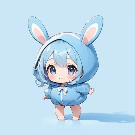 Ultra-small deformation,  little cute ,  1 girl, Alone,  full body,  Blue Rabbit Costume , smile,  simple background