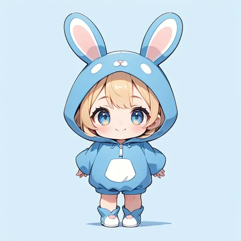 Ultra-small deformation,  little cute ,  1 girl, Alone,  full body,  Blue Rabbit Costume , smile,  simple background