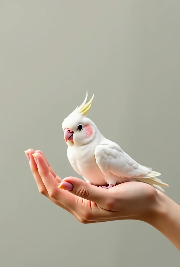 Outstretched hand with white cockatiel with a cute and tender background