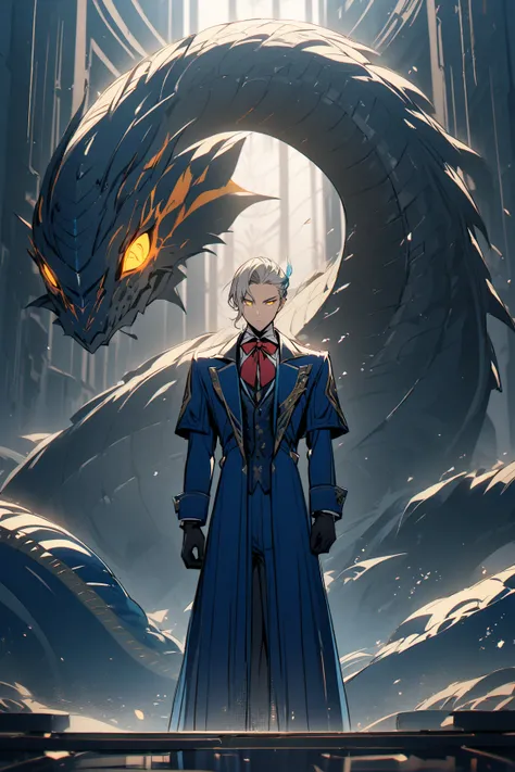 1man, tall male character, long grey hair, blue suit, red bowtie, good manner, wearing gloves, glowing yellow eyes, serpentine pupils, standing in a room with a giant mechanical sea serpent, serious