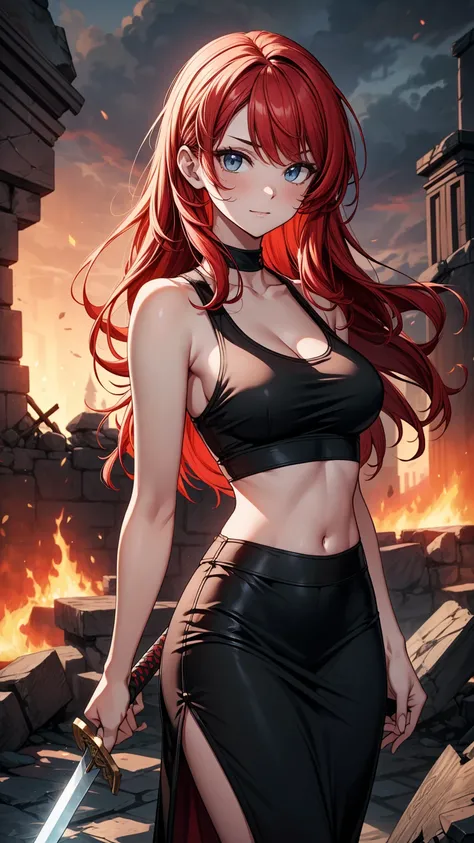 ((masterpiece, best quality:1.3, high detail)), beautiful woman looking at viewer, smirk, long wavy hair, (red hair), hairpin, (white tank top crop top), (black midi pencil (skirt)), (long black skirt:1.3), collarbone, midriff, navel, ((atmospheric, fire))...