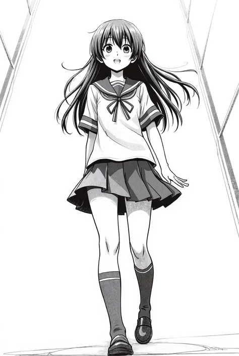 Manga style, black and white comic drawing, 16-year-old girl with long hair,  dressed as a schoolgirl. Full body view from below, low angle shot, Worm view.