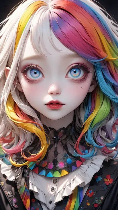 Tim Burton style、albino, extremely realistic 、rainbow color 、ボディペイント、