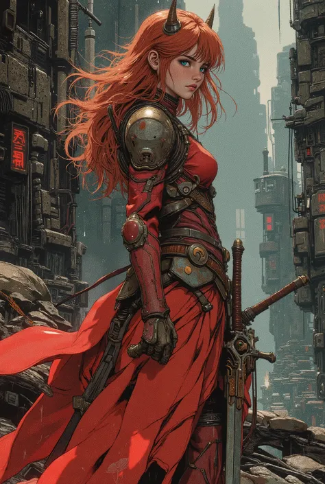 A girl about sixteen,  with long red hair and turquoise eyes with small horns on the head,  in a delicate red dress with elements of high-tech armor, with a sword, standing alone in the rain, against the background of a stone wasteland , dark grey tones 