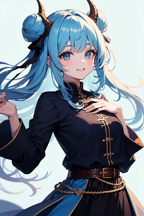  1 girl,  high resolution,  smiles, bangs,  simple background,  top quality,  high definition model, Beast Horns, 目の間のbangs,  double bun hair , teardrop eye color dull light blue hair color dull light blue