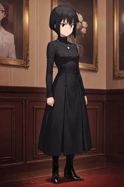 high resolution, masterpiece, necessary, detail, best quality, quality, necessary, details, High details, Precise, 
 
1girl_ ufotable style, ufotable anime, 

alice kuonji,black eyes,black hair,lomg skirt,short hair,necklace,long sleeves,shoes black dress,...