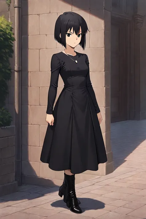 high resolution, masterpiece, necessary, detail, best quality, quality, necessary, details, High details, Precise, 
 
1girl_ ufotable style, ufotable anime, 

alice kuonji,black eyes,black hair,lomg skirt,short hair,necklace,long sleeves,shoes black dress,...