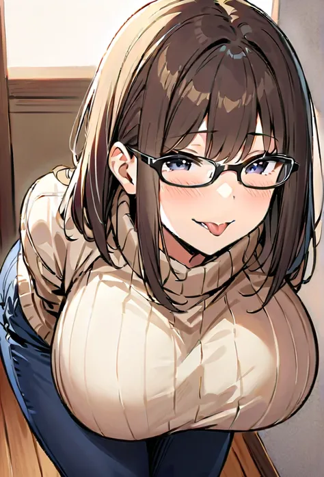 (( better quality)), (( masterpiece)), ( detailed),  a girl,  brown hair, long,  black eyes ,  big breasts,  big thighs,  fair skin , black glasses,  light brown cashmere sweater dress,  blue pants at home,  looking at the spectator con ojos muy abiertos, ...