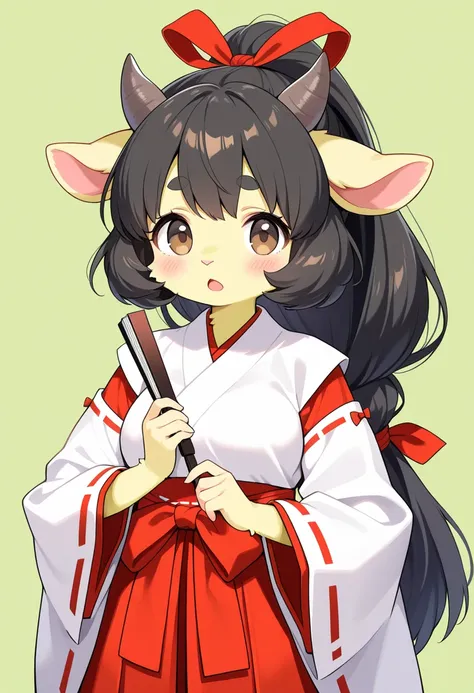 1girl, (furry, kemono:1.4), sheep girl, animal nose, sheep ears, sheep horn, long hair, solo, black hair, japanese clothes, green background, high ponytail, miko, simple background, ribbon-trimmed sleeves, multi-tied hair, hand fan, red ribbon, ribbon trim...