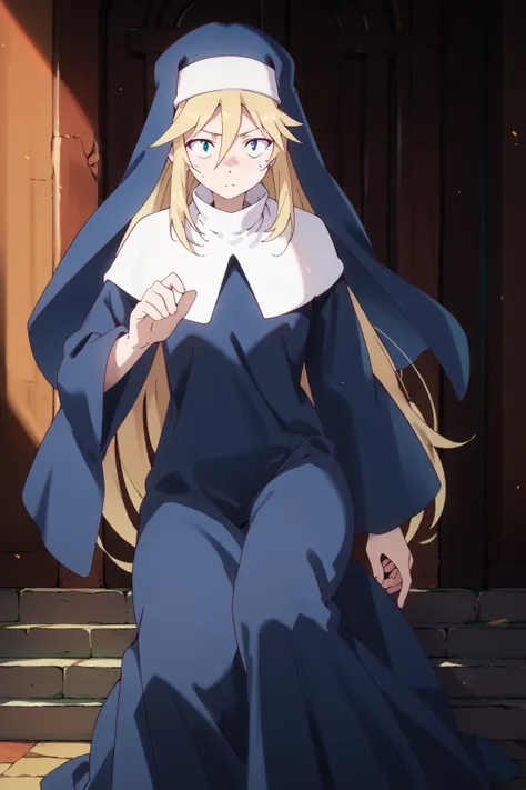 score_9, score_8_up, score_7_up, score_6_up, score_5_up, score_4_up, BREAK source_anime,
gill, 1girl, solo, blonde hair, long hair, long sleeves, blue eyes, long skirt, hair between eyes, habit,nun, 