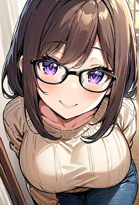 (( better quality)), (( masterpiece)), ( detailed),  a girl,  brown hair, long,  purple eyes ,  big breasts,  big thighs,  fair skin , black glasses,  light brown cashmere sweater dress,  blue pants at home,  looking at the spectator con ojos muy abiertos,...