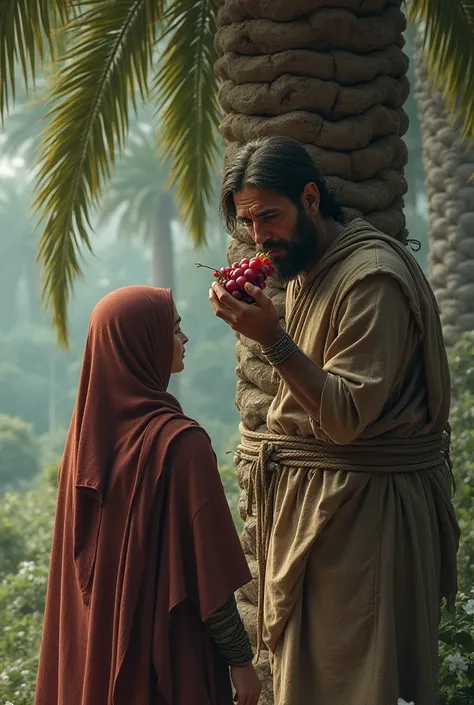 A man is tied to his palm tree and eats a good red grape. In front of him is a woman wearing a hijab in the first Abbasid period 