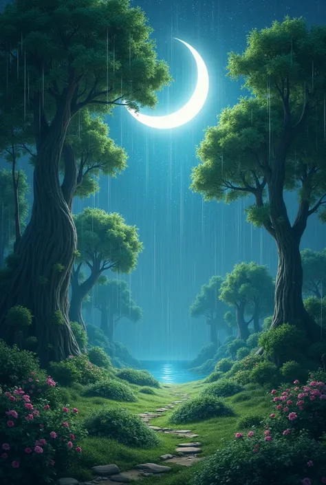 Galaxy Green forest moon night with rain