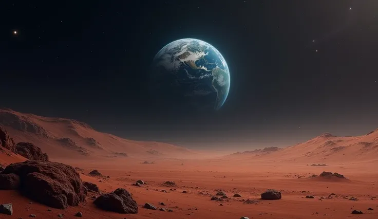  View of the Earth from Mars ,  a small blue dot in the dark sky ,  with the Martian surface in the foreground, emotional and inspiring style ."