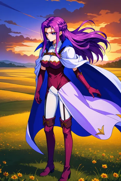 score_9, score_8_up, score_7_up, score_6_up, source_anime, 1girl, solo, cgcor, purple hair, long hair, crown braid, purple eyes, white bodysuit, purple bustier, sleeveless, bare arms, elbow gloves, purple gloves, purple thigh boots, long cape, white cape, ...