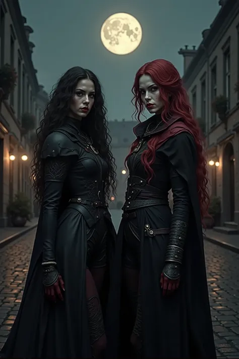 Stunning photo of two women. One has red hair and a hooded pale face. The other has long, black, curly hair. They are in outfits inspired by the video game Bloodborne. they are on cobblestone streets with a harvest moon in the sky. Hyperrealistic, 8k, high...