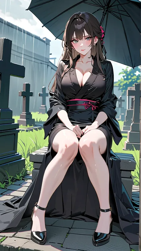 Wife 30 years old ，widow， tied up brown hair ， black kimono ，Lipstick， Chest big and full，rain，cloudy day，sad，sit down，messy ， to reveal cleavage， Wet Full Body ， Japanese graveyard 