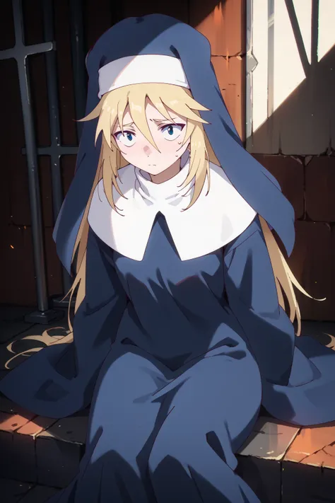 score_9, score_8_up, score_7_up, score_6_up, score_5_up, score_4_up, BREAK source_anime,
gill, 1girl, solo, blonde hair, long hair, long sleeves, blue eyes, long skirt, hair between eyes, habit,nun, sad look