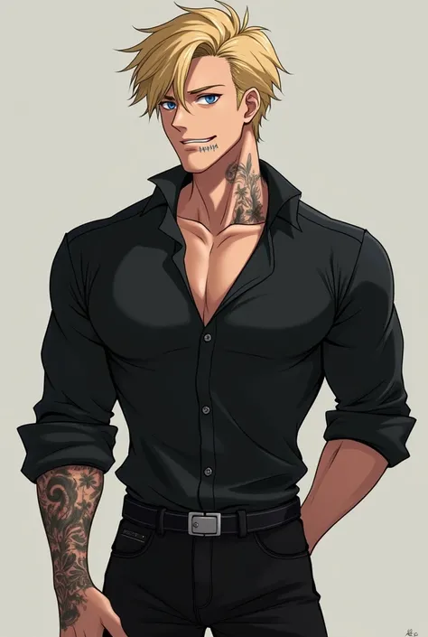 a man,blonde short hair and blue eyes,  a scar  cut on the mouth, body was muscular ,he  wore a black dress blouse that allowed a bit of his muscular chest to show, squeezing his tattoed neck toned abdomen and black jeans*
anime