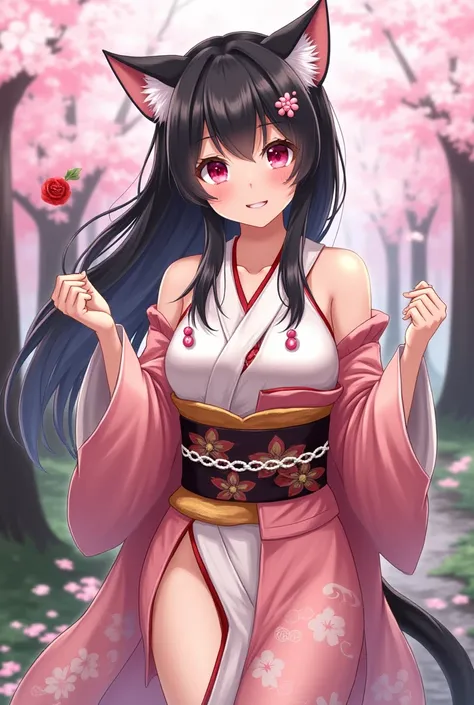 
style: sexy anime/ cute anime/ classic anime 
sex: female 
eye color: red
hair color: black/ white tips 
race: Japanese cat girl 
clothes: hot kimono that shows her thighs 
accessories: Japanese kitsune mask and pink beads 
background: cherry blossom fore...