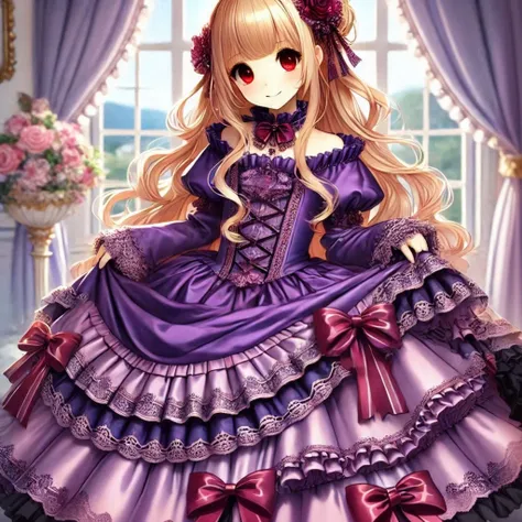 anime girl in purple dress with red eyes and long hair, loli in dress, anime princess, cute anime waifu in a nice dress, gothic maiden anime girl, beautiful anime girl, pretty anime girl, my dress up darling anime, lolita fashion, , cute anime girl, blonde...