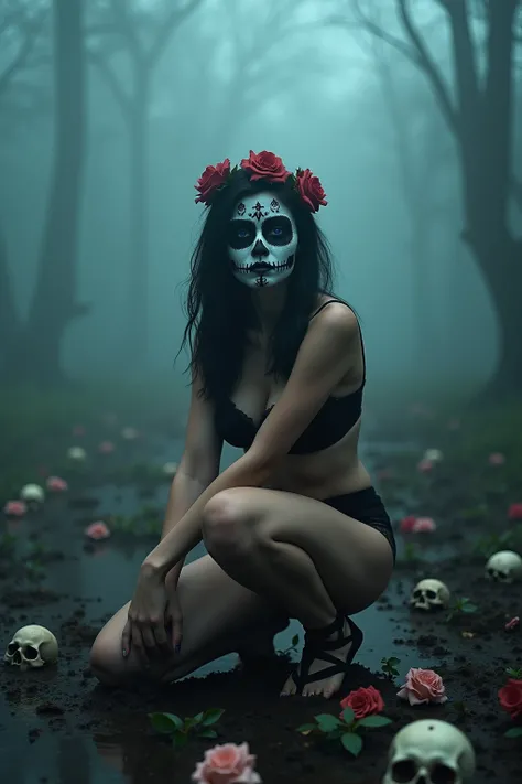 RAW photo of a sad female  in a foggy swamp, Dia de los Muertos makeup, black lace lingerie, squatting, looking at viewer, (skulls and roses on the ground), bright blue eyes, dystopic, highly detailed, (high detailed skin:1.2), vibrant colors, intricate, u...