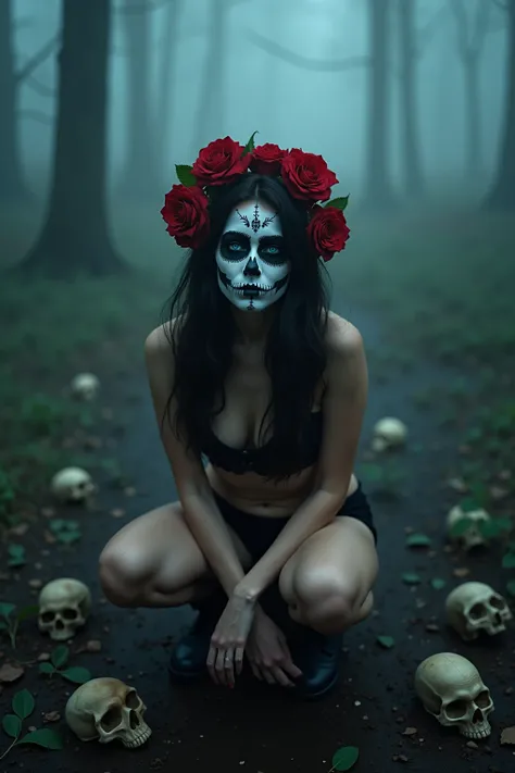 RAW photo of a sad female  in a foggy swamp, Dia de los Muertos makeup, black lace lingerie, squatting, looking at viewer, (skulls and roses on the ground), bright blue eyes, dystopic, highly detailed, (high detailed skin:1.2), vibrant colors, intricate, u...