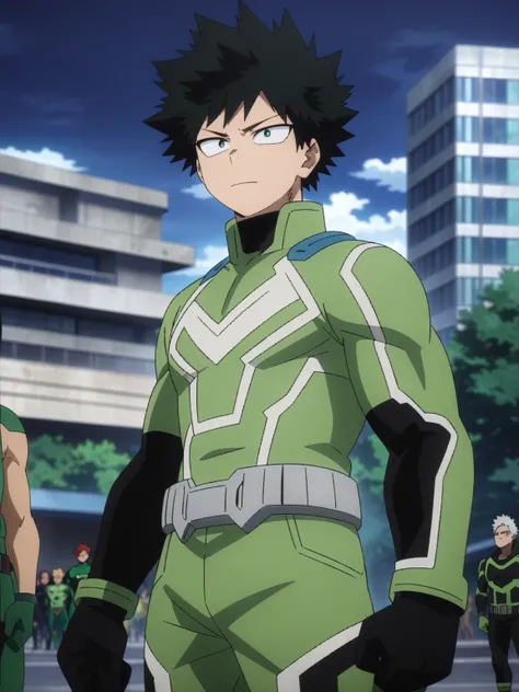 (masterpiece, best quality, anime, anime coloring:1.3, superhigh res). ((Green superhero as MHA character, Male)). (((Wearing green superhero suit))). City park background.

My Hero Academia character, MHA style, anime style, my hero academia, boku no hero...