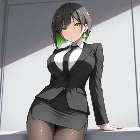 masterpiece, (((( best quality )))),1 girl, Japanese Anime ,,shiny skin, wearing a black suit,skirt suit, black tie , dark hair, short bob hair,The inner color of the hair is green, green eyes,isosceles triangle earrings, black tights,large breasts