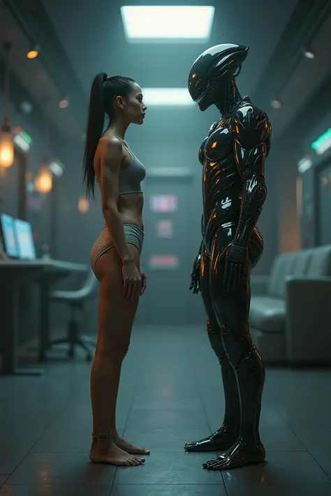 there is a woman in a short dress standing in a room, in tight short dress, alien man  depicted as a scifi scene, clothed in cyber armour