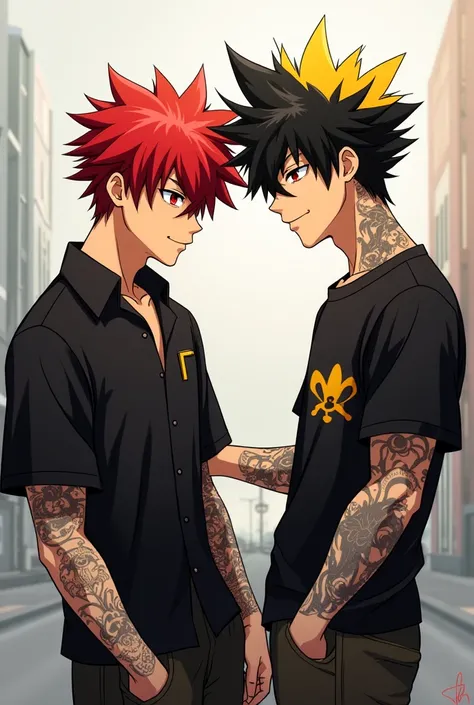  Two anime-style boys 
A red-haired guy with a black shirt and tattoos, red eyes and brown skin,  and another boy with black hair and a yellow tuft , a black t-shirt with yellow and tattoos  