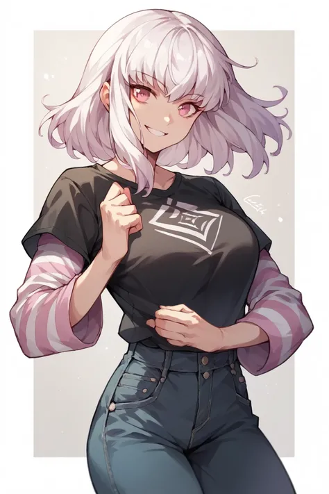 1 girl, solo, black short sleeve t-shirt, layered sleeves, white long sleeves, jeans, defLysithea, white hair, pink eyes, short hair, black t-shirt over white long sleeves, confident smile, large breasts, striped sleeves