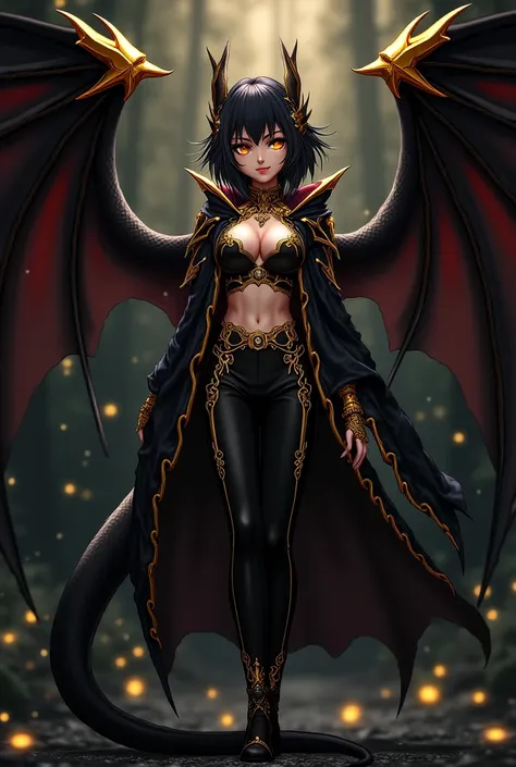 alone,  Anime Girl,  dragon girl ,  dragon wings on black and gold back, medium black hair ,  golden eyes,  fair skin , black and gold cape,  black and gold clothes ,  black pants .
