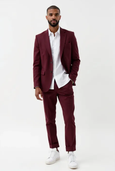 Drake wearing a burgundy fitted blazer, white shirt,with burgundy trousers, white trainers. White background. High image resolution. high definition image quality, professional photography. Soft lighting. Editorial fashion shoot and fashion pose