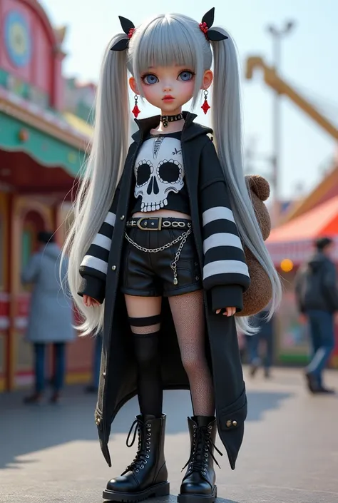 3D anime style, bjd,  girl, long light gray hair, red cross earrings, twin ponytails, blue eyes, black and white striped long-sleeved shirt, short-sleeved long top with skull pattern, top to knees, black mesh Pantyhose, black thigh chain with chain, gray a...