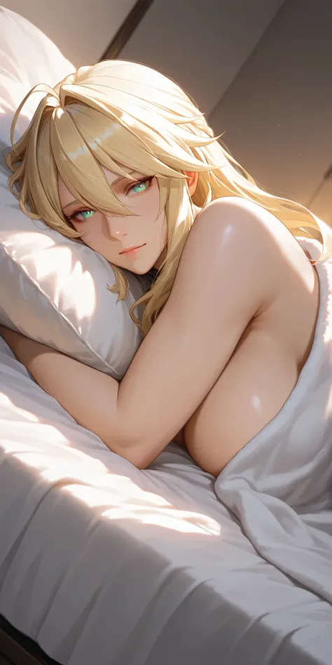 Masterpiece, very aesthetic, vibrant, high contrast, mature woman, artoria pendragon (lancer) (fate), upper body, naked, cobered by blanket,lying on the bed, best quality, home, semrealistic, honkai: star rail cg style