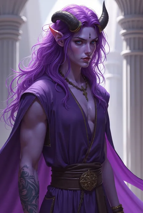 Create a splash art-style image that literally shows the character's entire body, The feet, legs,  waist and head .  He has a purple skin color with shades of light red .  long hair( size below the shoulder )  and wavy purple ,  an androgenic face ,  horns...