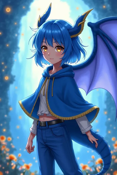 alone,  Anime Girl,  dragon girl ,  dragon wings on blue and gold back, medium blue hair ,  golden eyes,  fair skin , blue and gold cover,  blue and gold clothes , blue pants.
