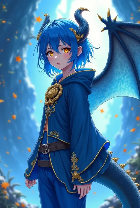 alone,  Anime Girl,  dragon girl ,  dragon wings on blue and gold back, medium blue hair ,  golden eyes,  fair skin , blue and gold cover,  blue and gold clothes , blue pants.
