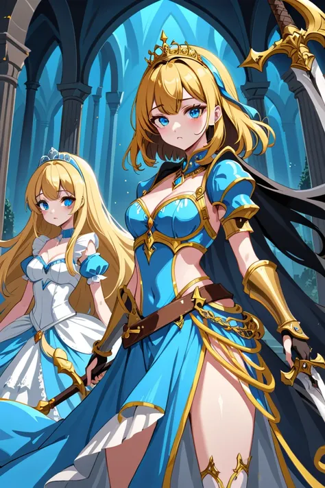  top quality,   ultra high resolution、((3 girls)),He has a scythe held by a large grim reaper on the right、 Long Golden Hair, blue eyes, Alice in Wonderland、A costume that looks like a blue and white armor、 blue headband、Holding a large sword on the left s...