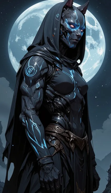 realista, brillante, reflexivo, bioluminiscente, galactic cybernetic mask, Meca, (asesino: 1.2), ((bufanda, capa larga))), sh4g0d, RunasIluminadas_rojo, cuerpo completo, de lado, canela, fondo oscuro, cielo estrellado, luna grande, iluminar desde el fondo,...