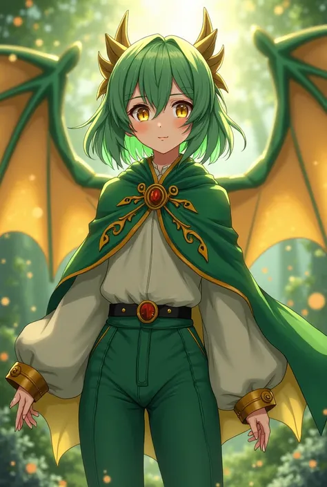 alone,  Anime Girl,  dragon girl ,  dragon wings on green and gold back, medium green hair ,  golden eyes,  fair skin ,  green and gold cape ,  green and gold clothes , green pants.
